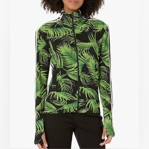 Norma Kamali Black and Green Leaf Pattern Turtle Side Stripe Jacket Sz. Lg